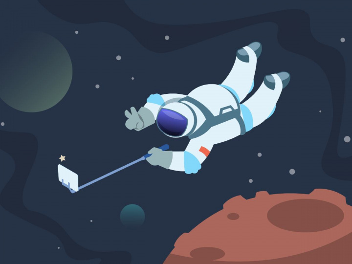 Astronauta con bastón para selfie 