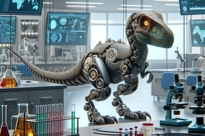 Imagen de un robot dinosaurio que imita a un Caudipteryx en un entorno de laboratorio.  / Foto: IA