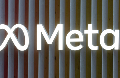 Logotipo de la empresa Meta en color blanco iluminado. 