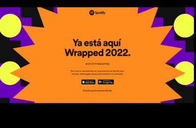 Gráficos naranjas, morado y amarillo sobre negro, anuncio Spotify Wrappedd 2022