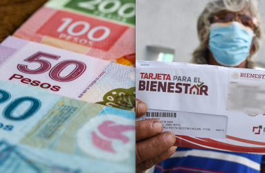 Billetes de 20, 50 100 y 200 pesos mexicanos, un adulto mayor sostiene un sobre con la tarjeta de la pensión bienestar. 