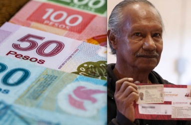 Billetes de 20, 50 100 y 200 pesos mexicanos, un adulto mayor sostiene su tarjeta de la pensión bienestar. 