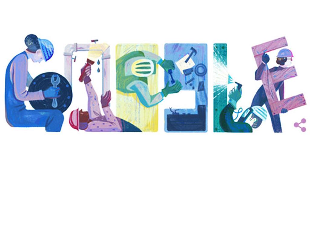 El doodle de este 1 de mayo incluye a distintos trabajadores, hombres y mujeres que realizan actividades como plomería y herrería. Imagen Google 