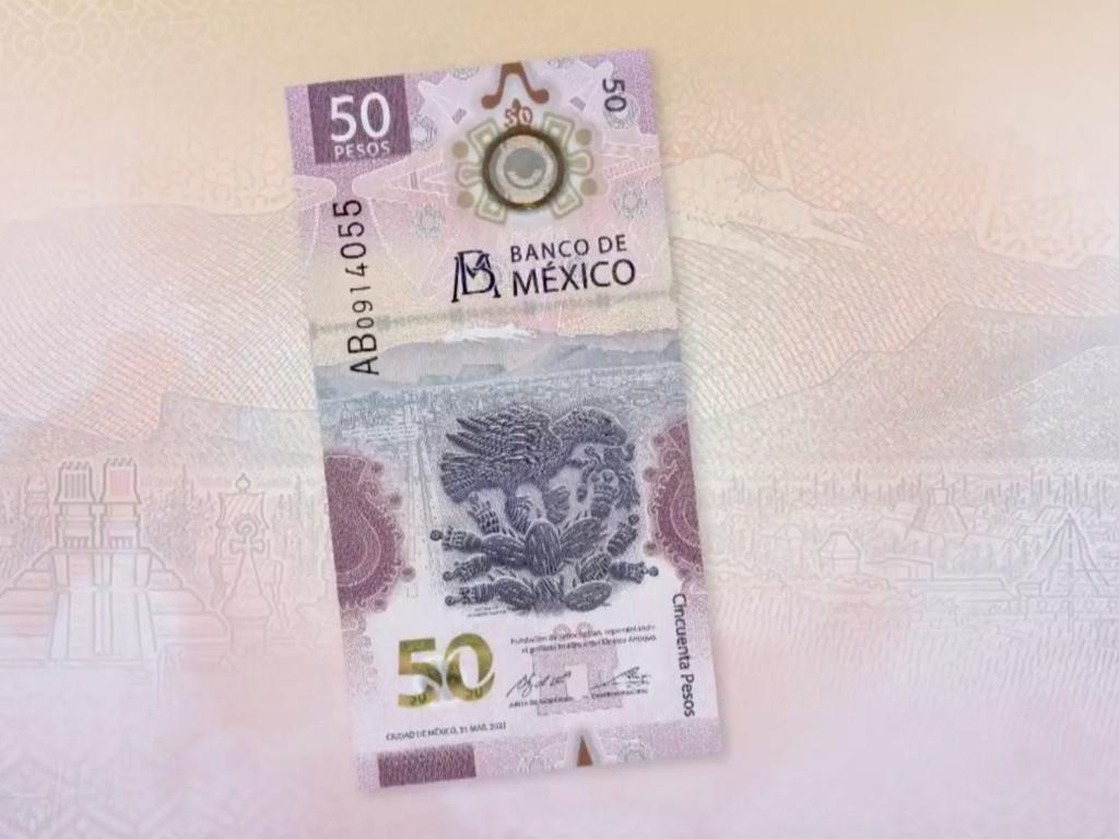 El Banco de México (Banxico) presentó el nuevo billete de $50 con las imágenes de el ajolote y el emblema de la fundación de México-Tenochtitlán, perteneciente a la nueva familia de billetes G. Foto: *Banxico