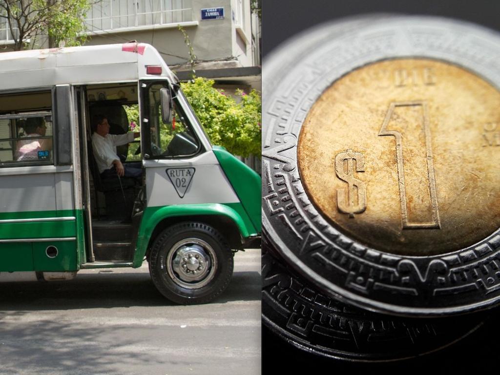 La parte frontal de un camión de transporte pública y una moneda de 1 peso mexicano. 