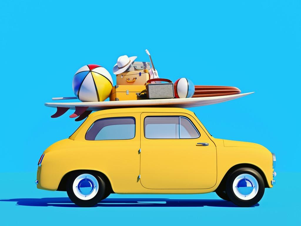 Auto color amarillo y con equipaje de vacaciones en el techo. 