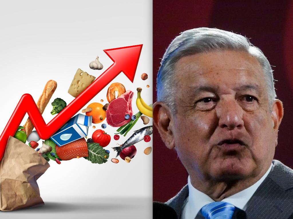 Flecha roja que simula el alza en los precios de alimentos y el presidente López Obrador hablando en la conferencia matutina. 
