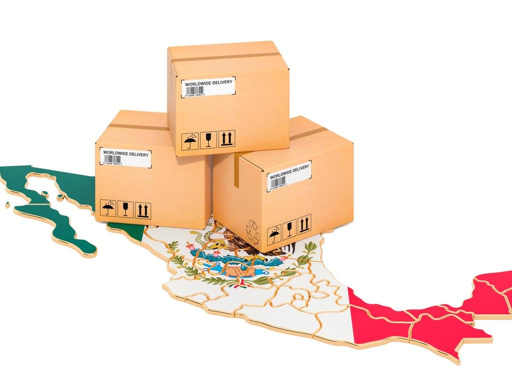 Mapa con la bandera de México y cajas de cartón simulando exportaciones encima. 