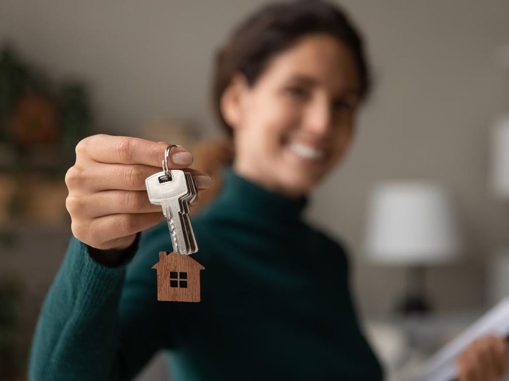 Mujer sosteniendo llaves de una casa 