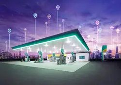 Una estación de gasolina en animación y con señales de ubicación. 