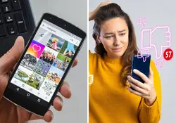 Telefono con pantalla de Instagram y mujer triste viendo celular