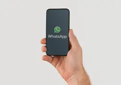 Una mano sostiene un celular con el símbolo de WhatsApp en la pantalla.