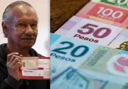Un adulto mayor sostiene un sobre de la tarjeta de Pensión para el Bienestar y billetes de 20, 50, 100 y 200 pesos mexicanos. 