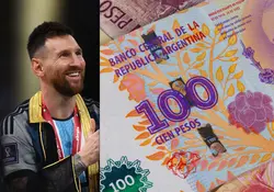 El jugador de fútbol Lionel Messi y un billete de Argentina. 