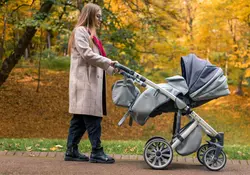 Mujer con cochecito de bebé caminando en el parque de otoño