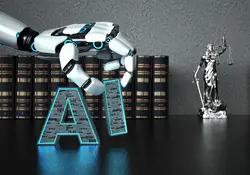 Mano de robot colocando letras AI con libros y una figura de Lady Justice 