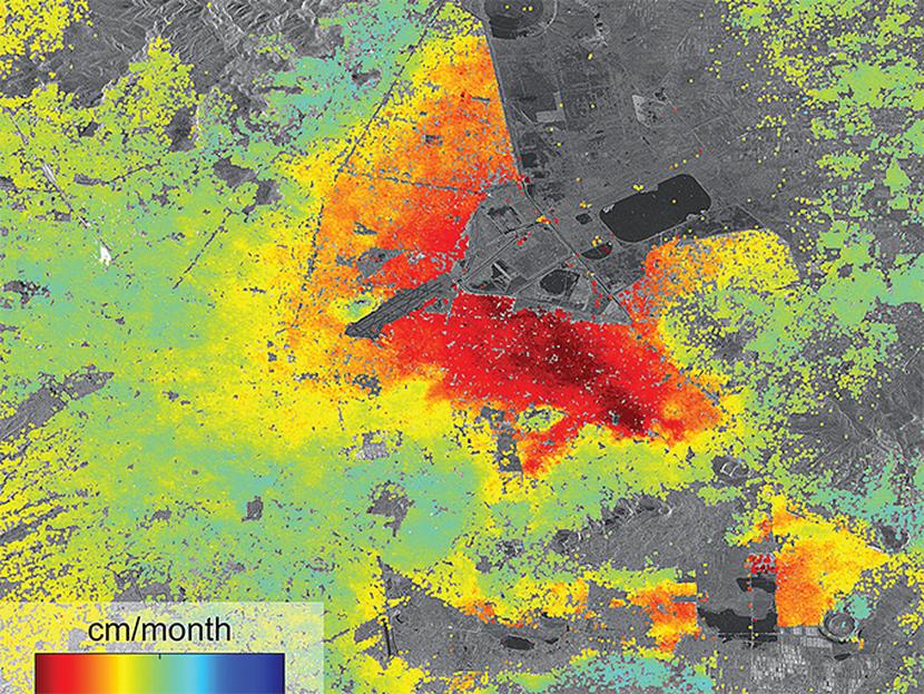 La zona roja es donde se hunde la tierra, y es donde se edificará el nuevo aeropuerto del DF. Foto: Especial