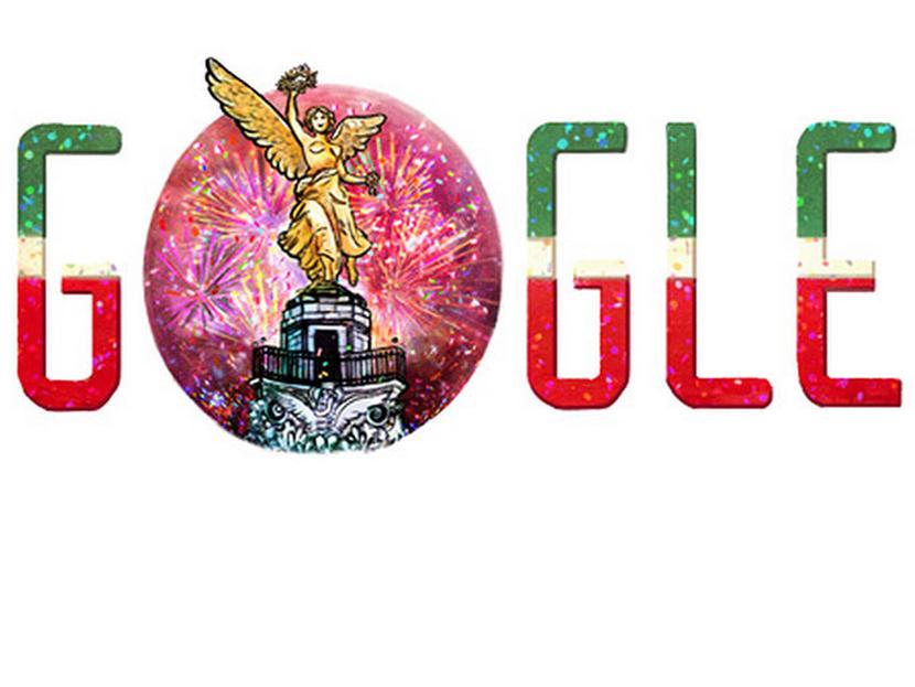 Google celebra con un doodle la Independencia de México, al decorar su página principal con los colores de la bandera nacional y el ángel emblemático. Foto Google 