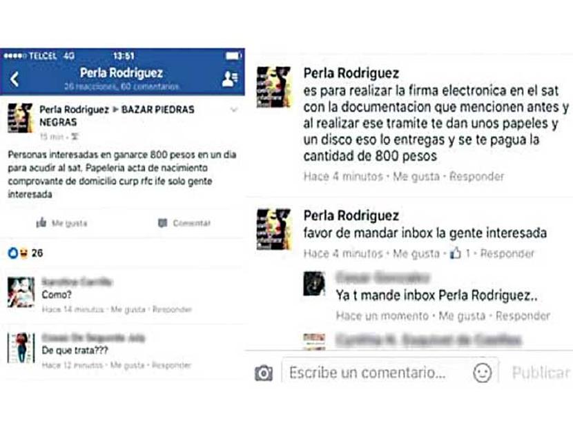 El caso documentado por el SAT involucra a la usuaria de Facebook Perla Rodríguez, quien por medio de su muro ofreció 800 pesos en 2016 para quien se registrara en el SAT y luego le proporcionara sus datos. Foto: Tomada de Facebook