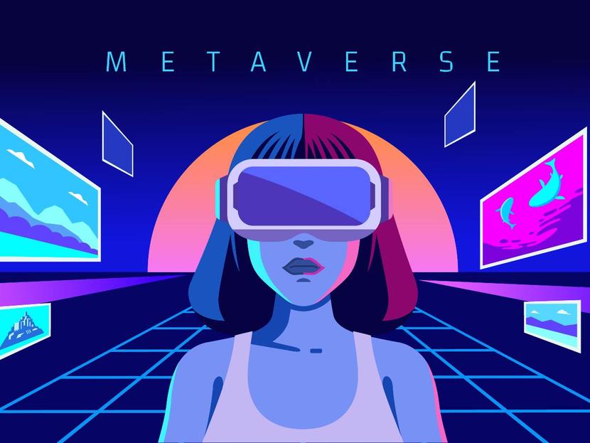 Mujer con gafas de realidad virtual conectada en el metaverso 