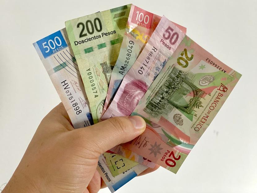 Una manos sostiene billetes de 500, 200, 100, 50 y 20 pesos mexicanos. 