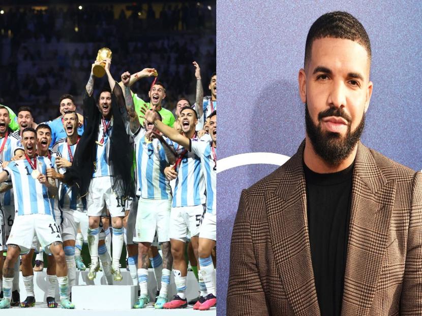 Selección de Argentina celebrando de un lado de la imagen y del otro, el rapero Drake