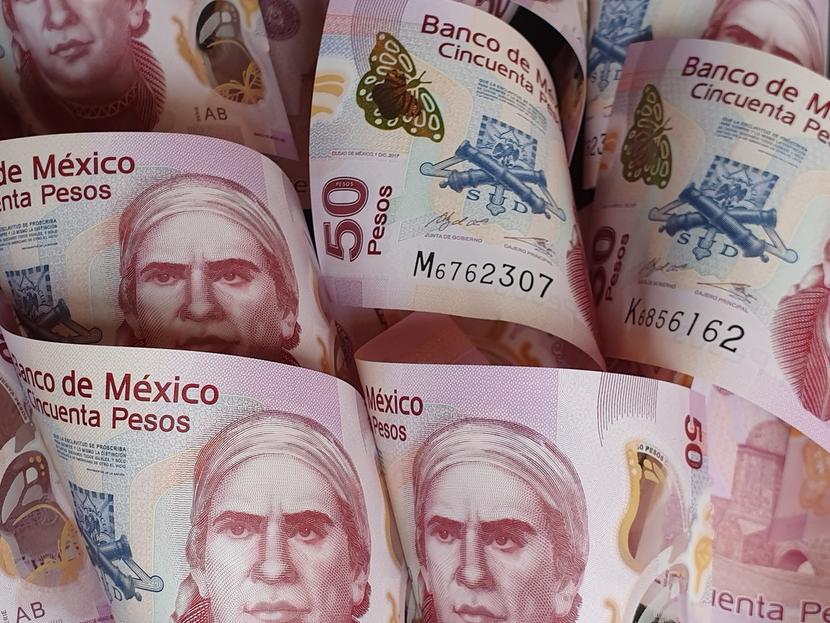 Varios billetes de 50 pesos amontonados, en color rosa y con la imagen de Morelos. 