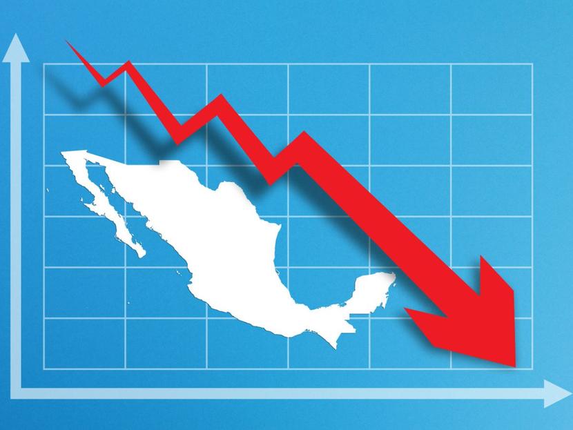 Animación de un mapa de la República Mexicana en color blanco, se encuentra colocado sobre una gráfica , fondo color azul cielo y una flecha roja negativa encima. 