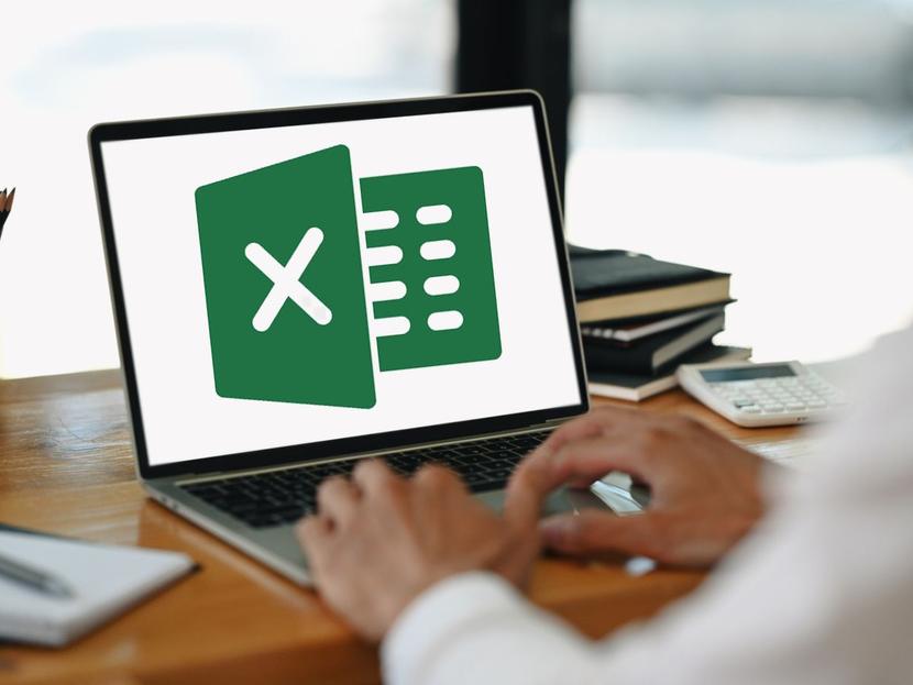 Persona usa su computadora y logo de Excel 