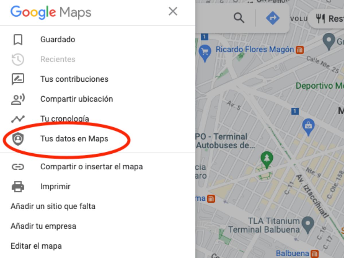 menu de tus datos en google maps
