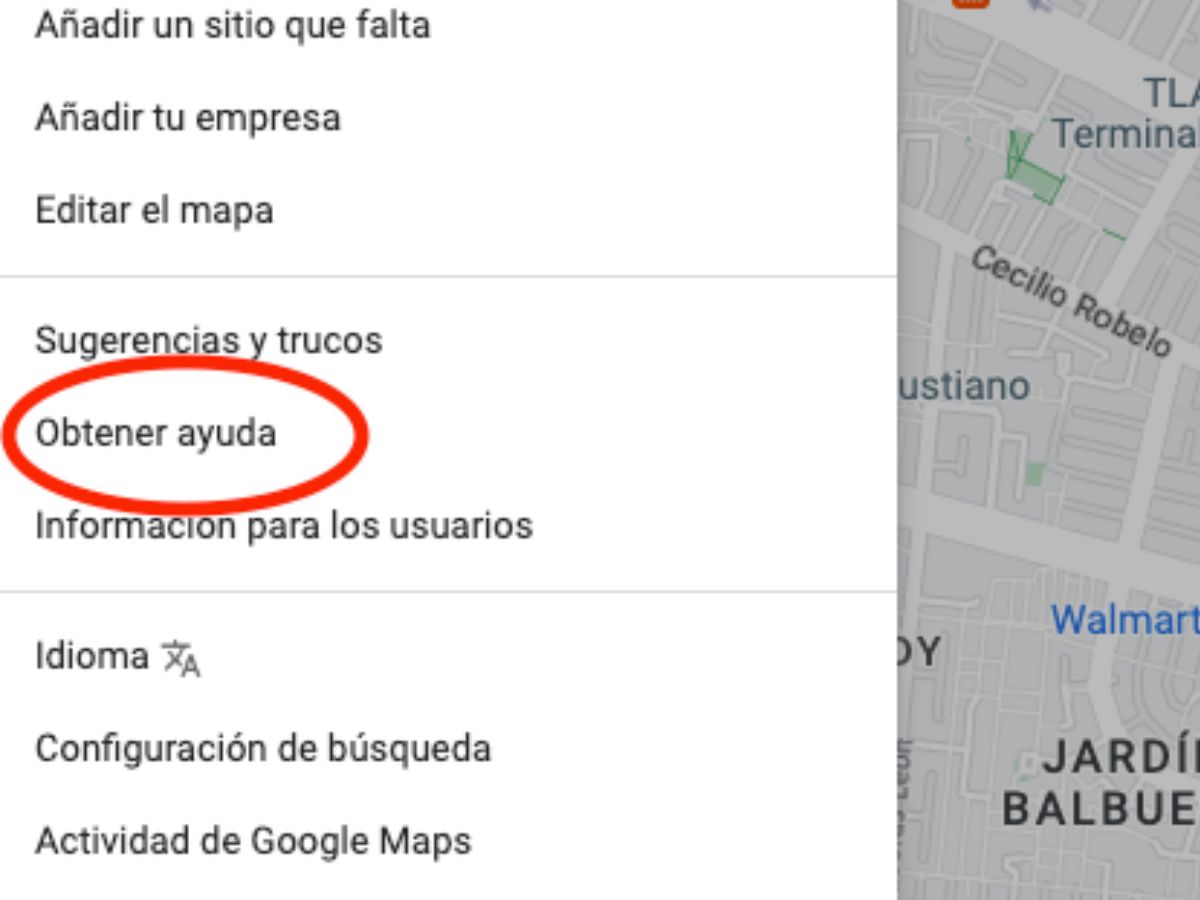 Google maps menú de obtener ayuda