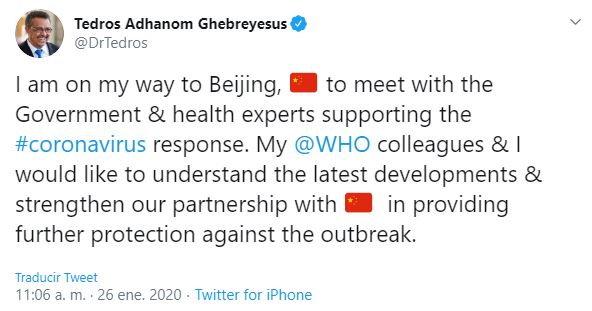 El director de la OMS atenderá la grave situación del coronavirus en China