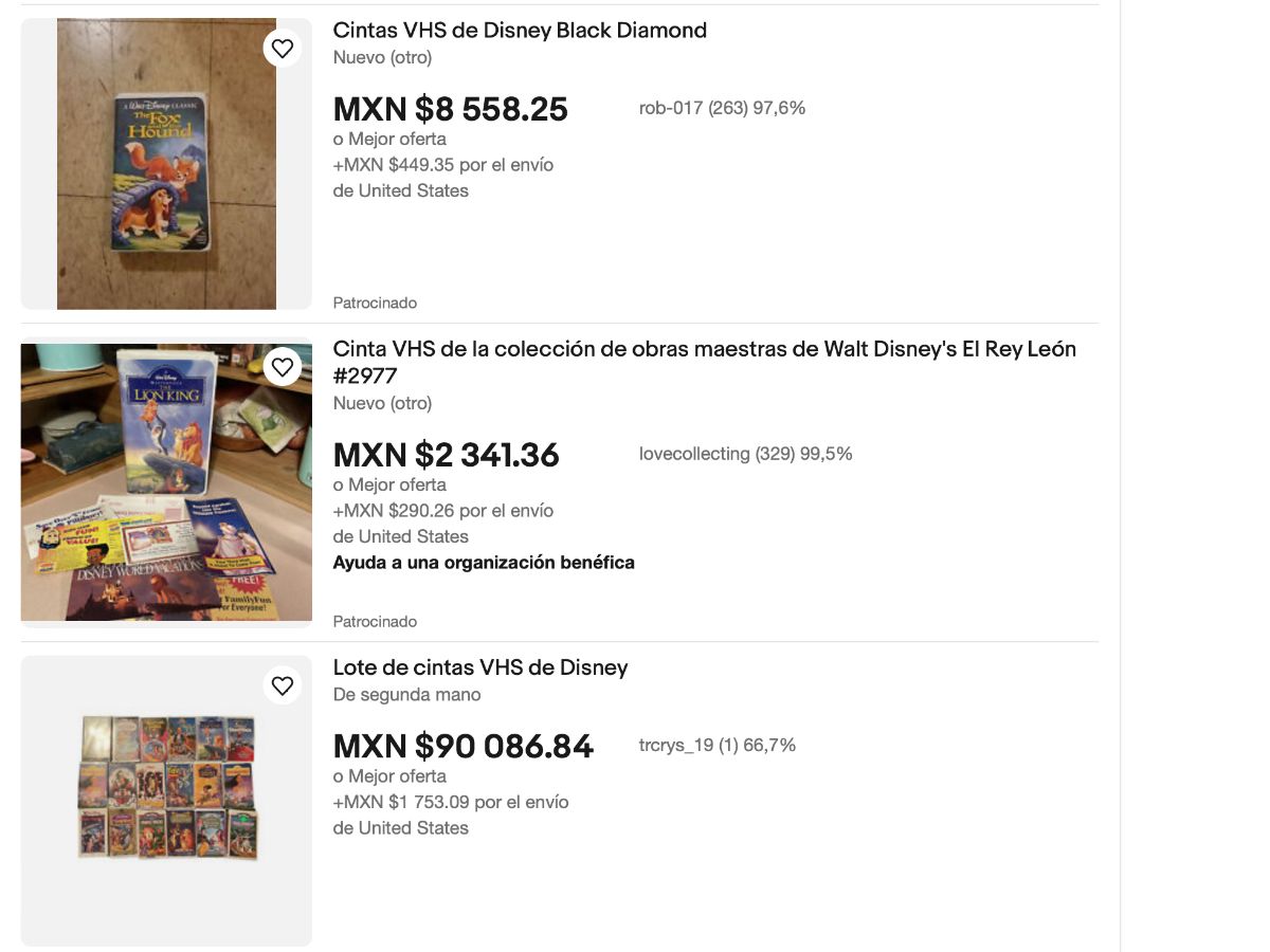 Venta de películas VHS en página de eBay. 