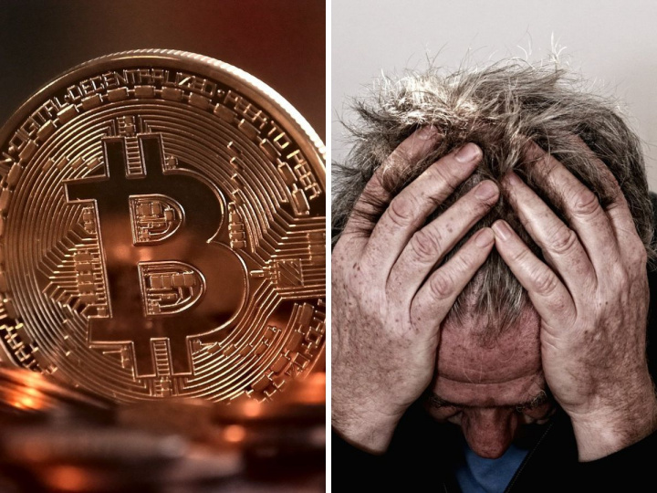 Criptomoneda Bitcoin y hombre tirando de su cabello estresado