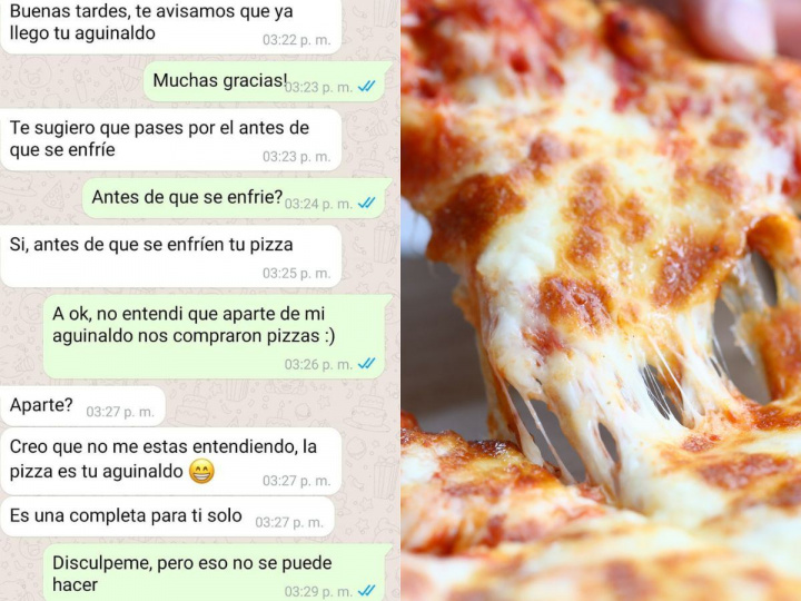 Conversación de WhatsApp y rebanada de pizza 