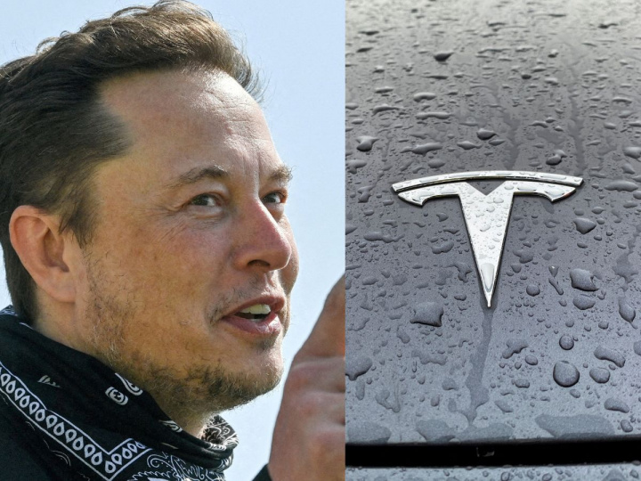 El empresario Elon Musk y el logo de Tesla 
