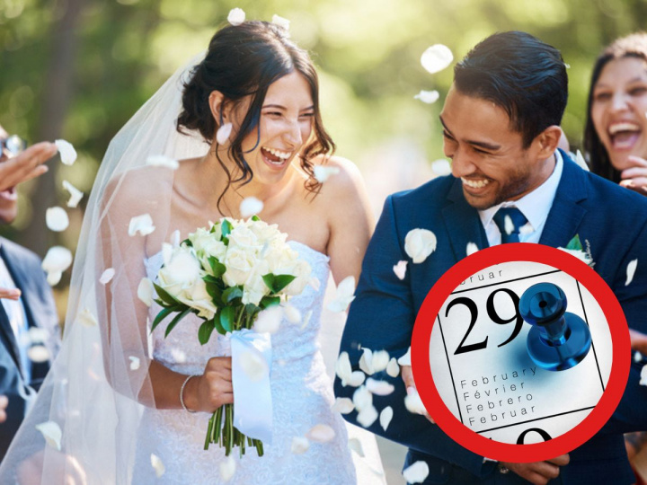 Pareja en boda, calendario con 29 de febrero para ilustrar si casarse en año bisiesto trae buena fortuna