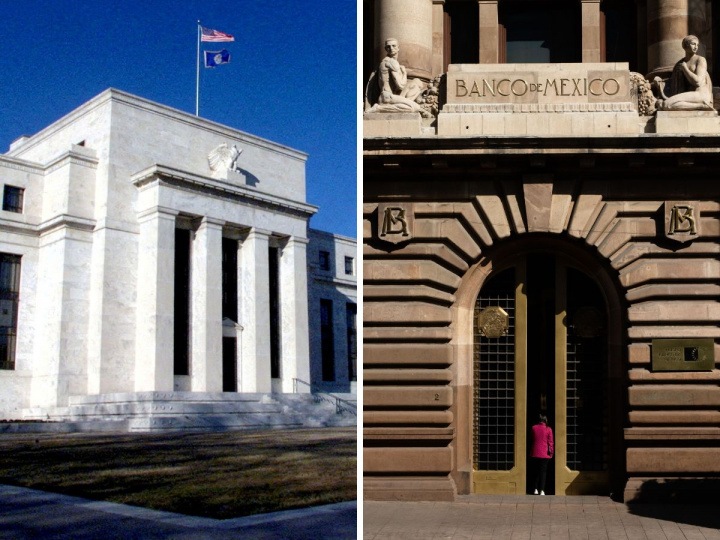 Fachada de la Fed de Estados Unidos y Banco de México