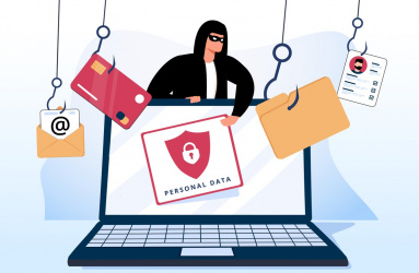 Una animación de un sujeto robando los datos personales de una laptop, también hay anzuelos con mail, documentos y tarjeta de crédito. 