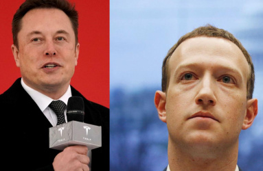 Elon Musk sosteniendo micrófono y Mark Zuckerberg 
