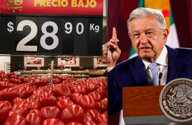 Venta de jitomates en un supermercado y el presidente Andrés Manuel López Obrador hablando en la conferencia matutina. 