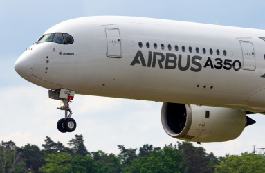 Punta de  un avión de pasajeros Airbus blanco con árboles y cielo de fondo