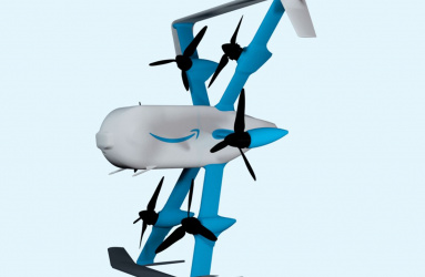 gráfico del dron prototipo de Amazon sobre fondo azul 