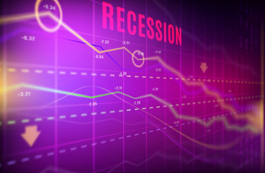 Palabra recesión y gráfico bursátil 