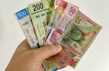 Una mano sostiene billetes de 500, 200, 100, 50 y 20 pesos mexicanos, en un fondo color blanco. 