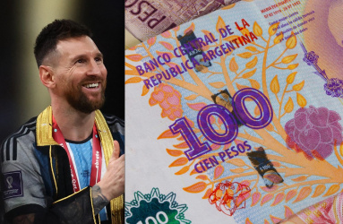 El jugador de fútbol Lionel Messi y un billete de Argentina. 