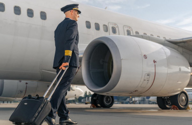 Piloto aviador con maleta caminando cerca de un avión 