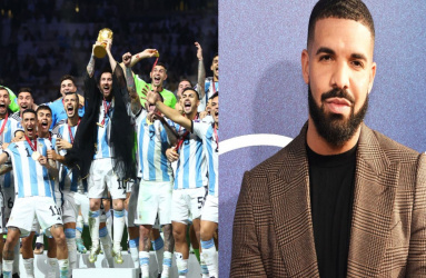Selección de Argentina celebrando de un lado de la imagen y del otro, el rapero Drake