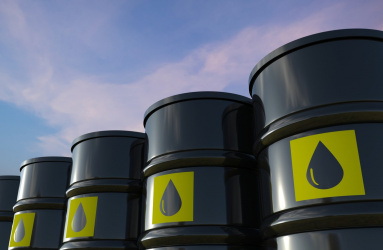 Animación de barriles de petróleo en color negro y con una etiqueta amarilla. 
