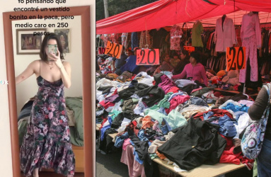 Imagen dividida, de un alado mujer joven con vestido y del otro tianguis de paca de ropa 
